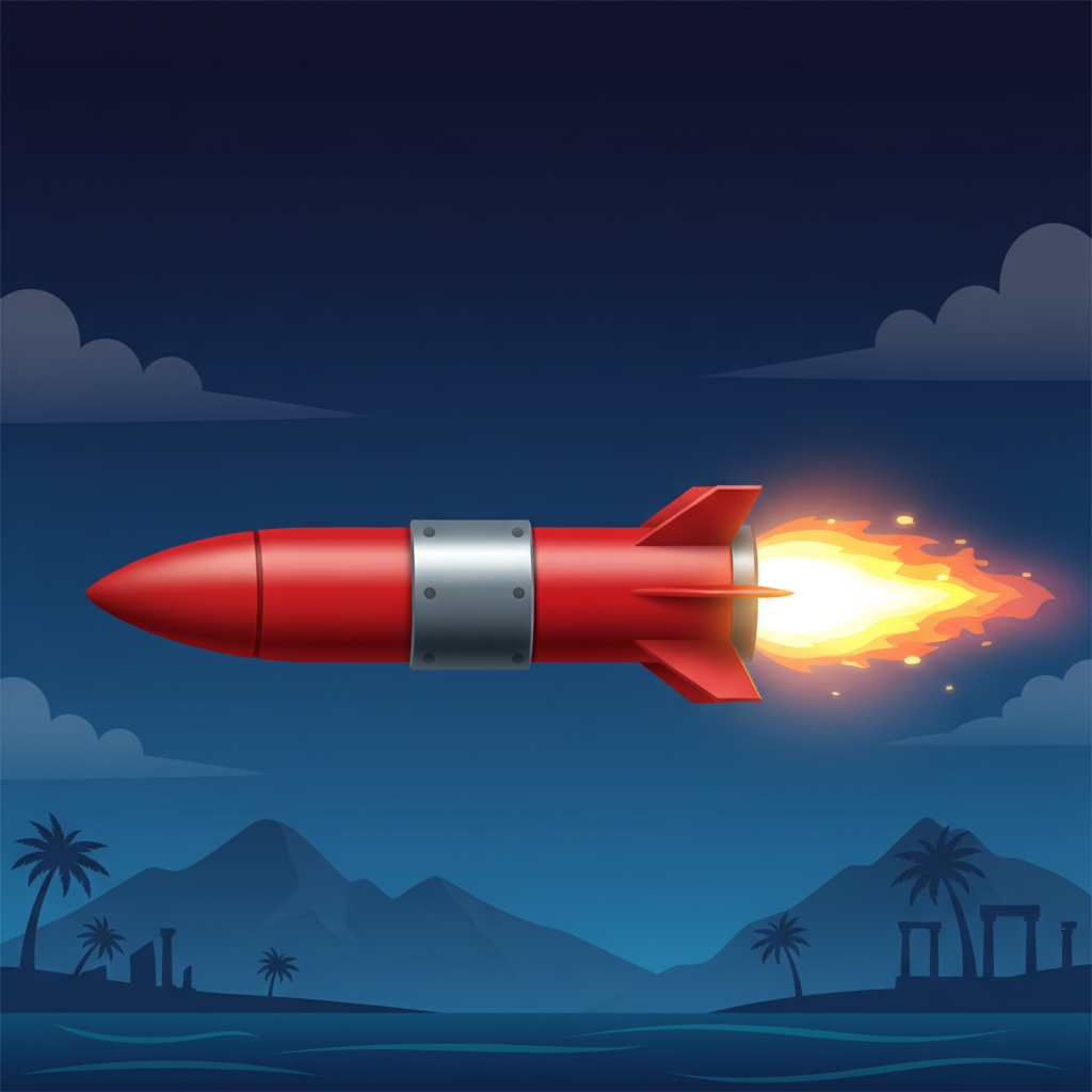 Rocket obstacle - red cylindrical missile with steel-grey band and flame trail